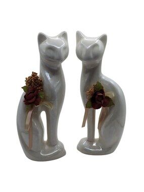 Rosenthal Netter Pearlescent White Cat Ceramic Figurines Set Of 2 Vintage MCM